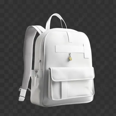 super clean minimalisticly designed adult backpack from a side angle and white background, the backpack includes one big main pocket on the front, side pockets, back pocket, white patches and a lucky charm hanging from it
