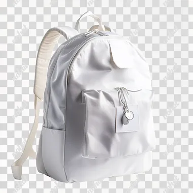 super clean minimalisticly designed adult backpack from a side angle and white background, the backpack includes one big main pocket on the front, side pockets, back pocket, white patches and a lucky charm hanging from it