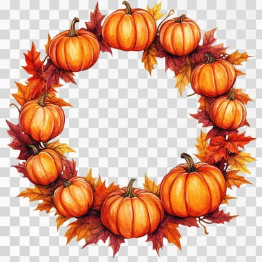 A detailed illustration of a Halloween wreath with pumpkins and vibrant autumn leaves, wooden frame, natural light, White background.