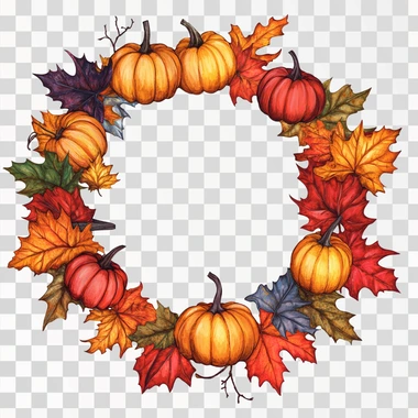 A detailed illustration of a Halloween wreath with pumpkins and vibrant autumn leaves, wooden frame, natural light, White background.