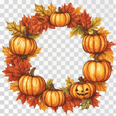 A detailed illustration of a Halloween wreath with pumpkins and vibrant autumn leaves, wooden frame, natural light, White background.