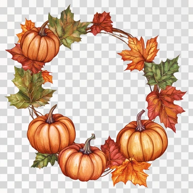 A detailed illustration of a Halloween wreath with pumpkins and vibrant autumn leaves, wooden frame, natural light, White background.