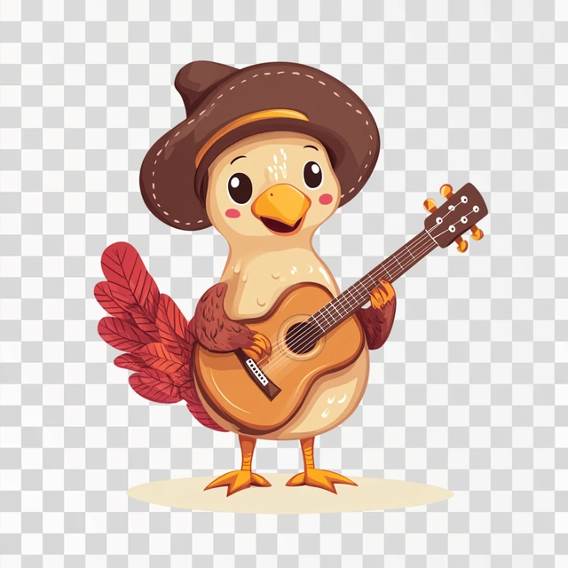 a Thanksgiving turkey wearing a pilgrim hat playing guitar, 