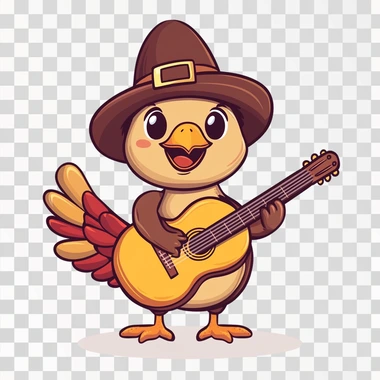 a Thanksgiving turkey wearing a pilgrim hat playing guitar, front view, cartoon drawing style, cute simple drawing style, flat design, simple, simple drawing style, minimalist, white background