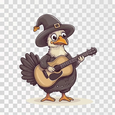 a Thanksgiving turkey wearing a pilgrim hat playing guitar, front view, cartoon drawing style, cute simple drawing style, flat design, simple, simple drawing style, minimalist, white background