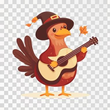 a Thanksgiving turkey wearing a pilgrim hat playing guitar, front view, cartoon drawing style, cute simple drawing style, flat design, simple, simple drawing style, minimalist, white background
