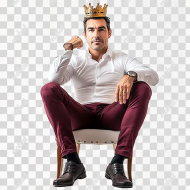 businessman sitting on a chair with his legs crossed in a confident position with a slight smile on his face showing confidence he is wearing a white shirt and maroon pants he is around 40 years old with black hair he is wearing a king's crown on his head photo studio Self - portrait style photo with white background perfect for putting a biography