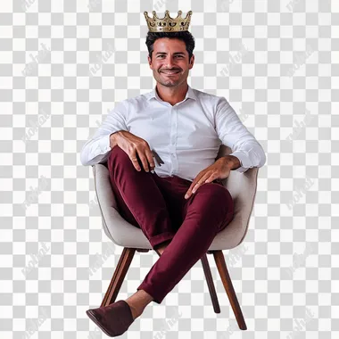 businessman sitting on a chair with his legs crossed in a confident position with a slight smile on his face showing confidence he is wearing a white shirt and maroon pants he is around 40 years old with black hair he is wearing a king's crown on his head photo studio Self - portrait style photo with white background perfect for putting a biography