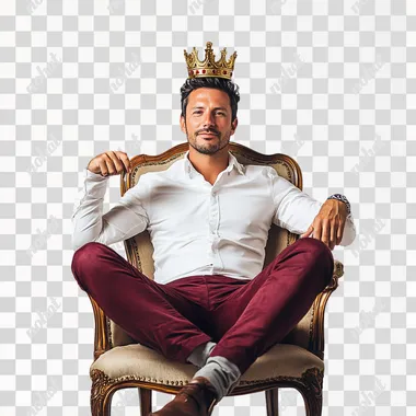 businessman sitting on a chair with his legs crossed in a confident position with a slight smile on his face showing confidence he is wearing a white shirt and maroon pants he is around 40 years old with black hair he is wearing a king's crown on his head photo studio Self - portrait style photo with white background perfect for putting a biography