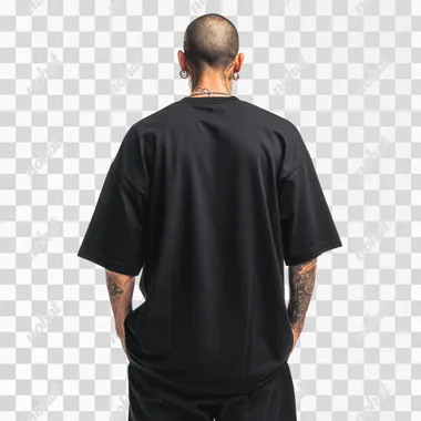 Hyperrealistic photograph of a man standing in an oversized black t-shirt against a white background, seen from behind. A Latino model with tattoos. The style reflects urban culture, with a pose that radiates confidence. Photo taken with a modern 50mm camera. --s 50