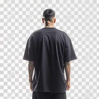 Hyperrealistic photograph of a man standing in an oversized black t-shirt against a white background, seen from behind. A Latino model with tattoos. The style reflects urban culture, with a pose that radiates confidence. Photo taken with a modern 50mm camera. --s 50