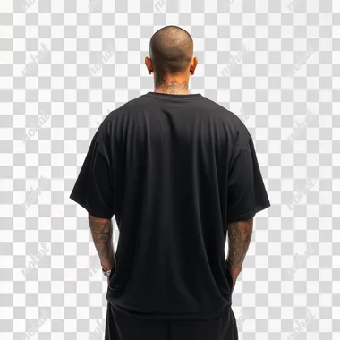 Hyperrealistic photograph of a man standing in an oversized black t-shirt against a white background, seen from behind. A Latino model with tattoos. The style reflects urban culture, with a pose that radiates confidence. Photo taken with a modern 50mm camera. --s 50