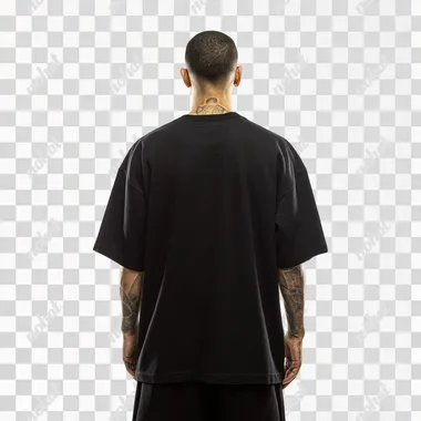 Hyperrealistic photograph of a man standing in an oversized black t-shirt against a white background, seen from behind. A Latino model with tattoos. The style reflects urban culture, with a pose that radiates confidence. Photo taken with a modern 50mm camera. --s 50