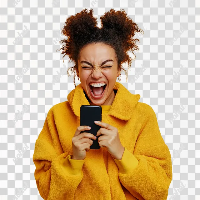 PNG Woman in living room laughing while holding cell phone, excited pose