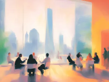 people chatting, calm, morning light, big city view, skyscrapers, clutter, modern office, laptops, coffee. Edward Hopper style, Ren Magritte style.          rofile jzavs77