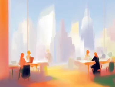 people chatting, calm, morning light, big city view, skyscrapers, clutter, modern office, laptops, coffee. Edward Hopper style, Ren Magritte style.          rofile jzavs77