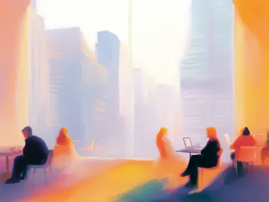 people chatting, calm, morning light, big city view, skyscrapers, clutter, modern office, laptops, coffee. Edward Hopper style, Ren Magritte style.          rofile jzavs77