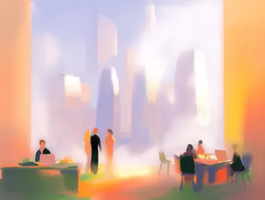 people chatting, calm, morning light, big city view, skyscrapers, clutter, modern office, laptops, coffee. Edward Hopper style, Ren Magritte style.          rofile jzavs77