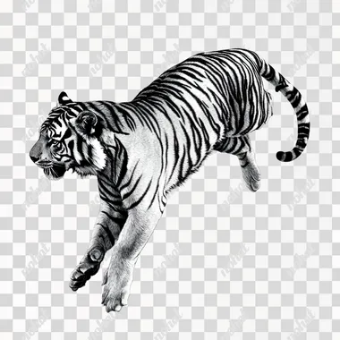 photorealistic tiger full body side angle view, from a Japanese stippling line work, dynamic motion top down, white background
