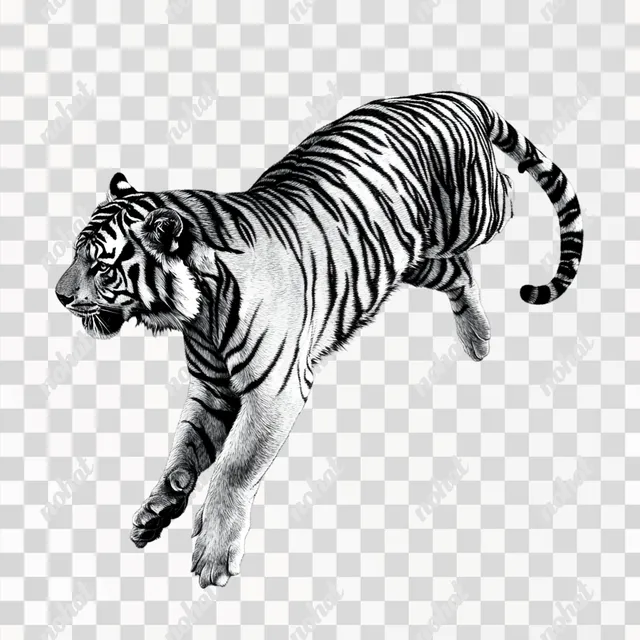 a black and white tiger jumping in the air