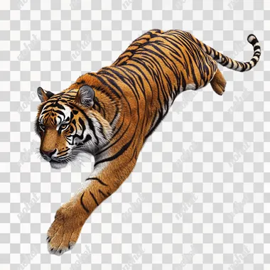 photorealistic tiger full body side angle view, from a Japanese stippling line work, dynamic motion top down, white background