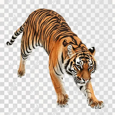 photorealistic tiger full body side angle view, from a Japanese stippling line work, dynamic motion top down, white background
