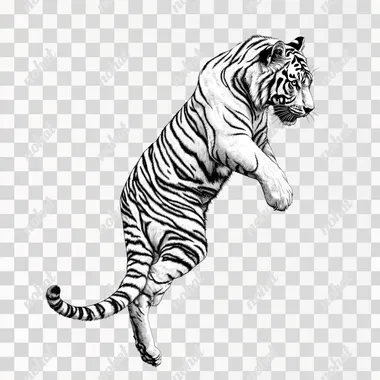 photorealistic tiger full body side angle view, from a Japanese stippling line work, dynamic motion top down, white background