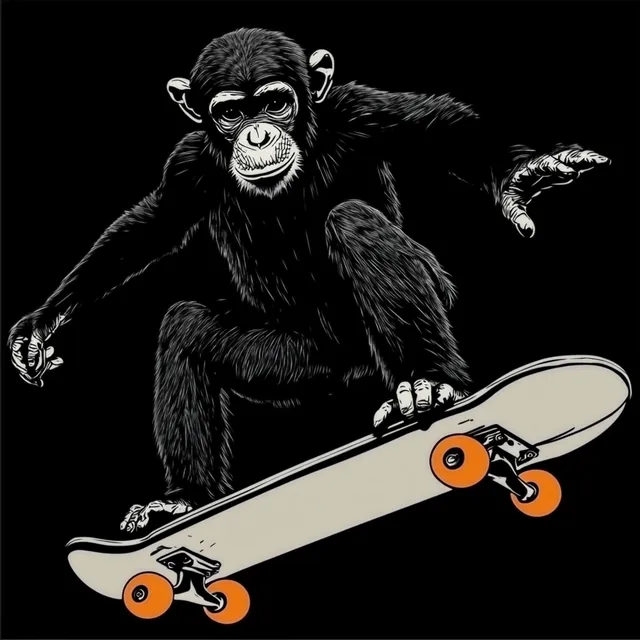 Monkey Skateboarding in Urban Graffiti Style on Black Background
