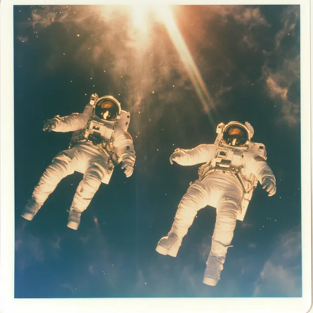 Two Astronauts Falling into the Sun in Outer Space, Polaroid Style