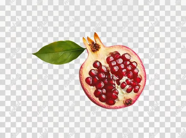 Pomegranate with half cut open and green leaf isolated on a white background, detailed photograph, natural lighting, sharp focus.