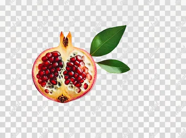 Pomegranate with half cut open and green leaf isolated on a white background, detailed photograph, natural lighting, sharp focus.