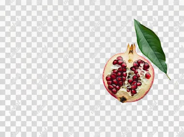 Pomegranate with half cut open and green leaf isolated on a white background, detailed photograph, natural lighting, sharp focus.