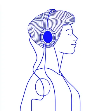 Graphic illustration, Line artboy, Listen to music with headphones, Minimalism, simple lines, stick figures, Minimum Thick line logo, Thick stick figures, Klein Bluewhite background.