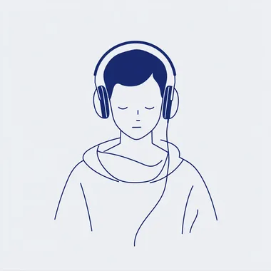 Graphic illustration, Line artboy, Listen to music with headphones, Minimalism, simple lines, stick figures, Minimum Thick line logo, Thick stick figures, Klein Bluewhite background.