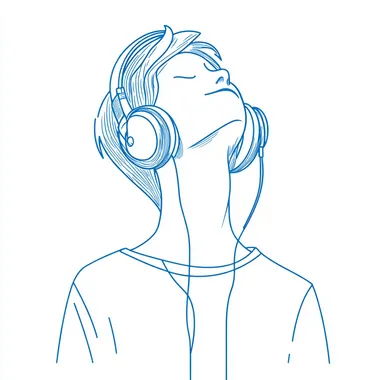 Graphic illustration, Line artboy, Listen to music with headphones, Minimalism, simple lines, stick figures, Minimum Thick line logo, Thick stick figures, Klein Bluewhite background.