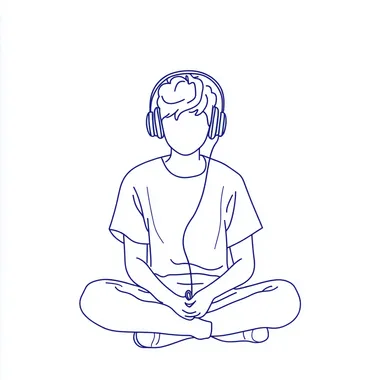 Graphic illustration, Line artboy, Listen to music with headphones, Minimalism, simple lines, stick figures, Minimum Thick line logo, Thick stick figures, Klein Bluewhite background.