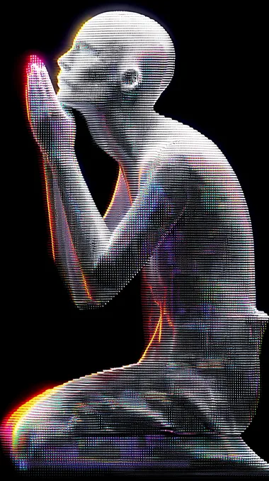 one pixelated futuristic human figure, inspired by Michelangelo's , pixel art style, electronic glitch aesthetic, cybernetic texture, white glowing points forming the hands, digital pointillism, dark black background with subtle LCD glass panel texture and glossy reflections, faint holographic light leaks in cyan and violet, cinematic lens bloom, futuristic minimalism. cinematic studio lighting, ultra sharp, high contrast, cold atmosphere   --raw
