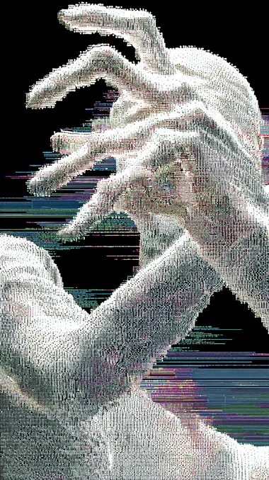 one pixelated futuristic human figure, inspired by Michelangelo's , pixel art style, electronic glitch aesthetic, cybernetic texture, white glowing points forming the hands, digital pointillism, dark black background with subtle LCD glass panel texture and glossy reflections, faint holographic light leaks in cyan and violet, cinematic lens bloom, futuristic minimalism. cinematic studio lighting, ultra sharp, high contrast, cold atmosphere   --raw