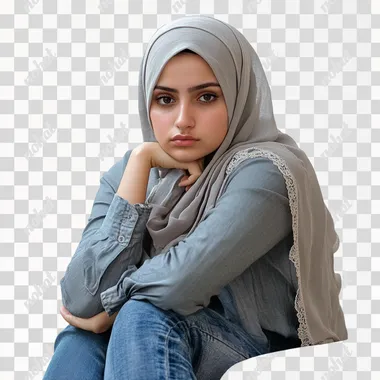 An Egyptian young pretty woman, 30 years old, wearing a hijab, blouse and jeans, waiting on arm chair, bored, tired, Life photo style, photorealistic, detailed, front view, isolated, white background ar 16:9