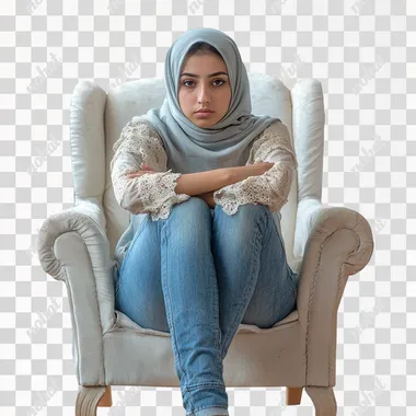 An Egyptian young pretty woman, 30 years old, wearing a hijab, blouse and jeans, waiting on arm chair, bored, tired, Life photo style, photorealistic, detailed, front view, isolated, white background ar 16:9