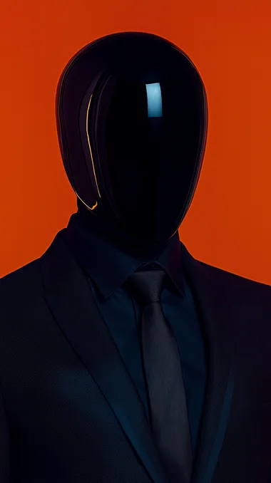 Minimal modern black glass mask for a hero, wearing formal black suit with black shirt and black tie, confident hero pose, negative space on top of the image, intense vibrant red background, cinematic lighting, cinematic shot, highly detailed    rofile 42m95nk