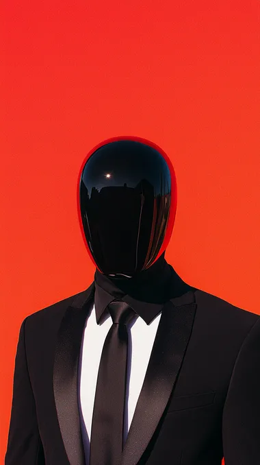 Minimal modern black glass mask for a hero, wearing formal black suit with black shirt and black tie, confident hero pose, negative space on top of the image, intense vibrant red background, cinematic lighting, cinematic shot, highly detailed    rofile 42m95nk