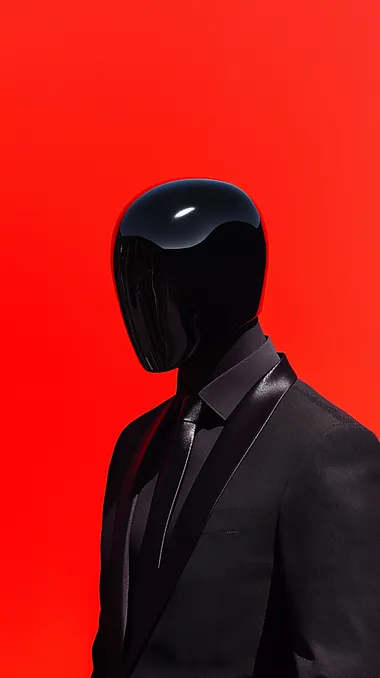 Minimal modern black glass mask for a hero, wearing formal black suit with black shirt and black tie, confident hero pose, negative space on top of the image, intense vibrant red background, cinematic lighting, cinematic shot, highly detailed    rofile 42m95nk