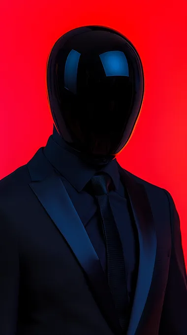 Minimal modern black glass mask for a hero, wearing formal black suit with black shirt and black tie, confident hero pose, negative space on top of the image, intense vibrant red background, cinematic lighting, cinematic shot, highly detailed    rofile 42m95nk