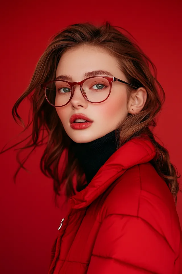 A woman in a red jacket and stylish glasses poses elegantly indoors