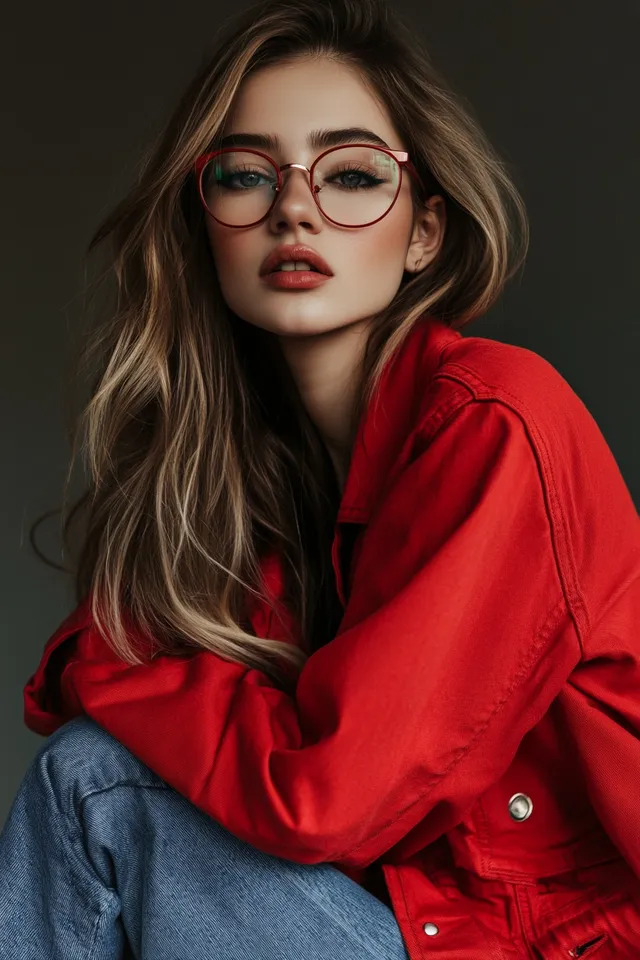 Elegant woman in red jacket and glasses posing in stylish living room