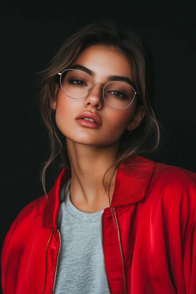 Woman in red jacket and glasses posing elegantly in urban setting