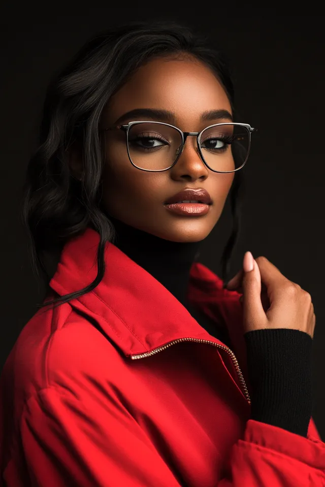 Woman in red jacket and stylish glasses posing elegantly indoors