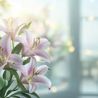 A soft and warm image with a real atmosphere. The background is a light blue gradient transition to a brighter area, with blurred windows in the room, and a picture of flowers with glowing blurred light spots, similar to the sunlight shining through the window. In the foreground, a delicate bouquet of purple lilies and green leaves are placed on a smooth surface. The overall style is soft focus, and the tones are gentle and calm, including pink, white and light green, giving people a sense of tranquility and blessing.