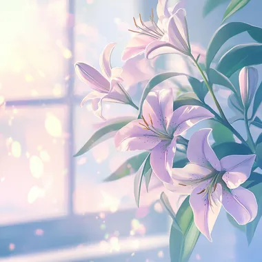 A soft and warm image with a real atmosphere. The background is a light blue gradient transition to a brighter area, with blurred windows in the room, and a picture of flowers with glowing blurred light spots, similar to the sunlight shining through the window. In the foreground, a delicate bouquet of purple lilies and green leaves are placed on a smooth surface. The overall style is soft focus, and the tones are gentle and calm, including pink, white and light green, giving people a sense of tranquility and blessing.